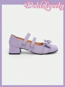 Dola Lovely 女士紫色雙帶瑪莉珍泵鞋,方頭粗跟帶扣心形細節,時尚高跟鞋 - 紫色 - 查看 5