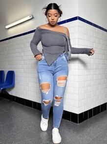 SHEIN ICON Plus Ripped Skinny Jeans Ripped Jeans - Medium Wash - View 5