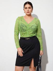 BizChic Của phụ nữ Kích thước lớn Màu thuần Xếp li Ren Áo - màu xanh lá - Xem 7