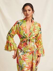 Amiko Batwing Sleeve Tie Front Kimono - Multicolor - View 1