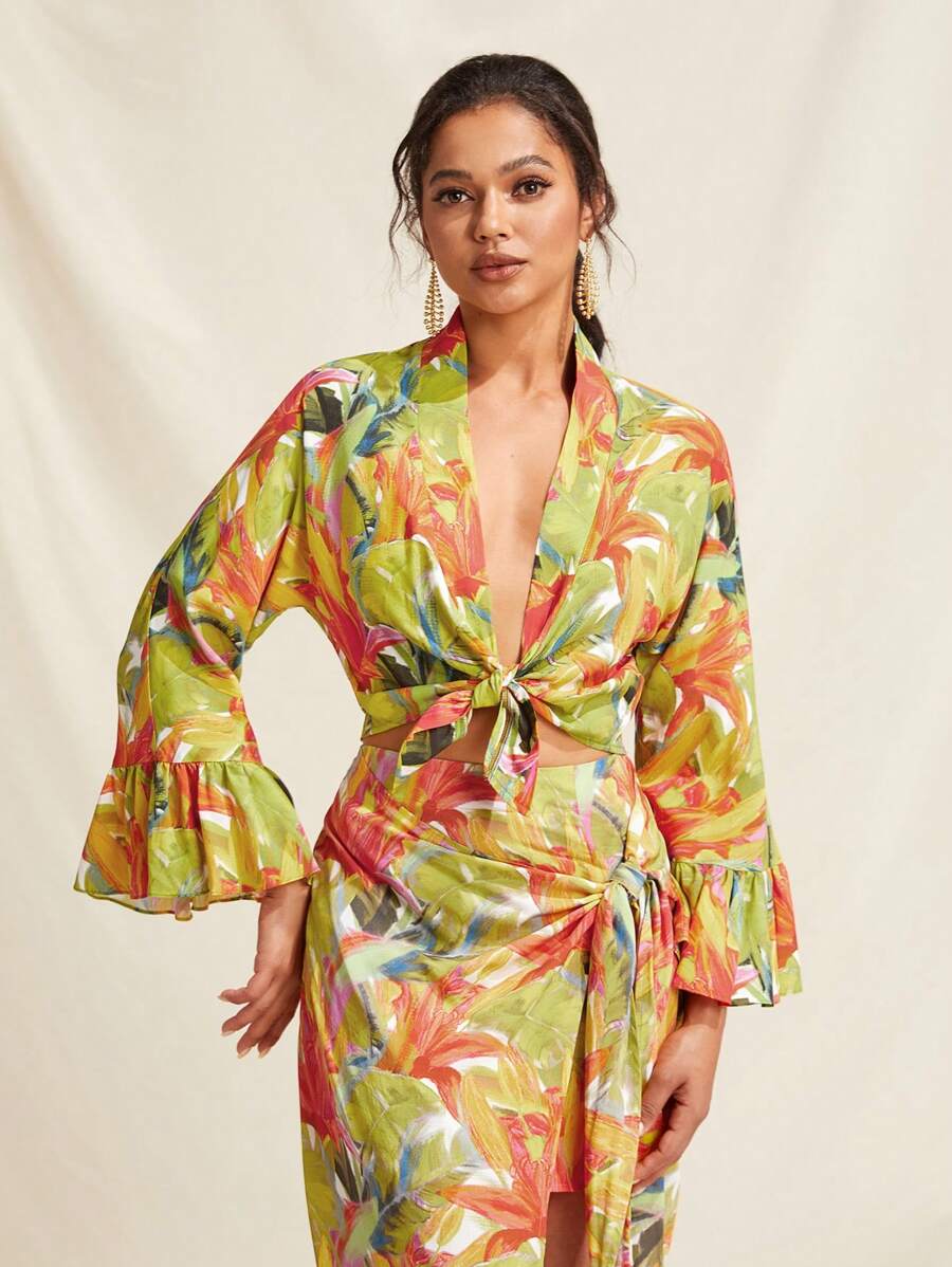 Amiko Batwing Sleeve Tie Front Kimono - Multicolor - View 1