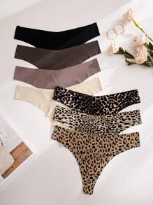 Shein Underwear&Sleepwear Basics 7packs Leopard Print Sexy Thongs