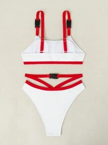 SHEIN Swim Women's Contrast Color Buckle Detail Bikini Set Summer Beach - Red and White - View 4