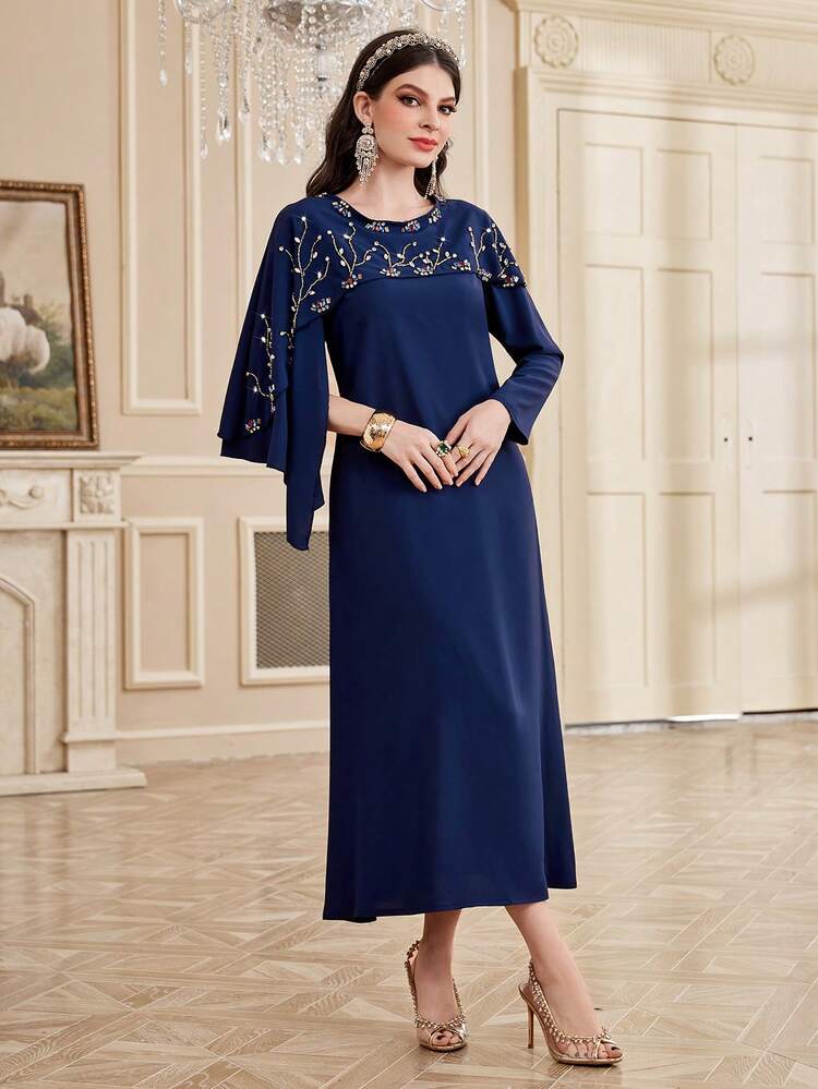 Women's Botanical Print Sparkly Rhinestone Decor Flare Sleeve Dress Long Evening Dresses