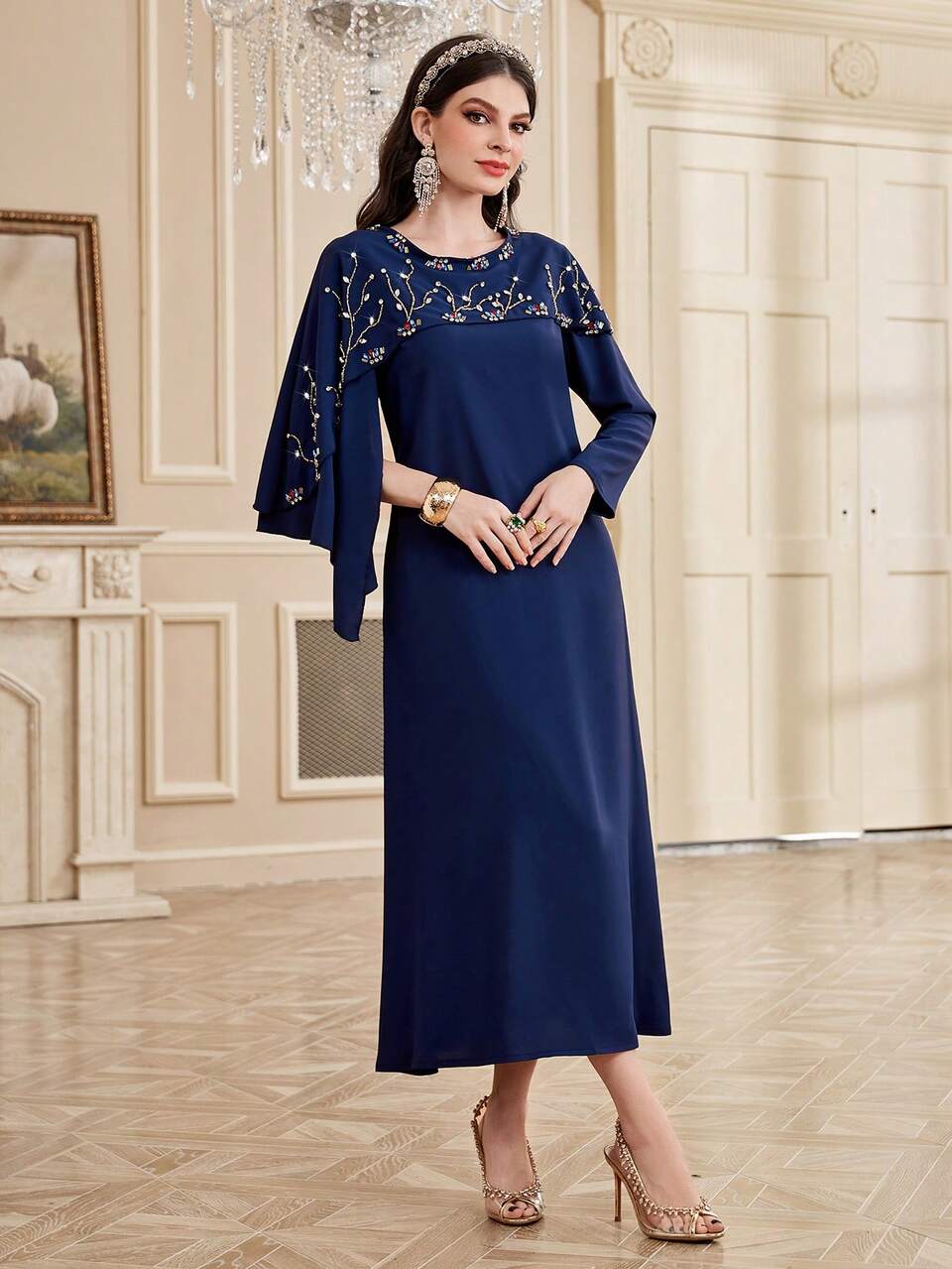 Women's Botanical Print Sparkly Rhinestone Decor Flare Sleeve Dress Long Evening Dresses