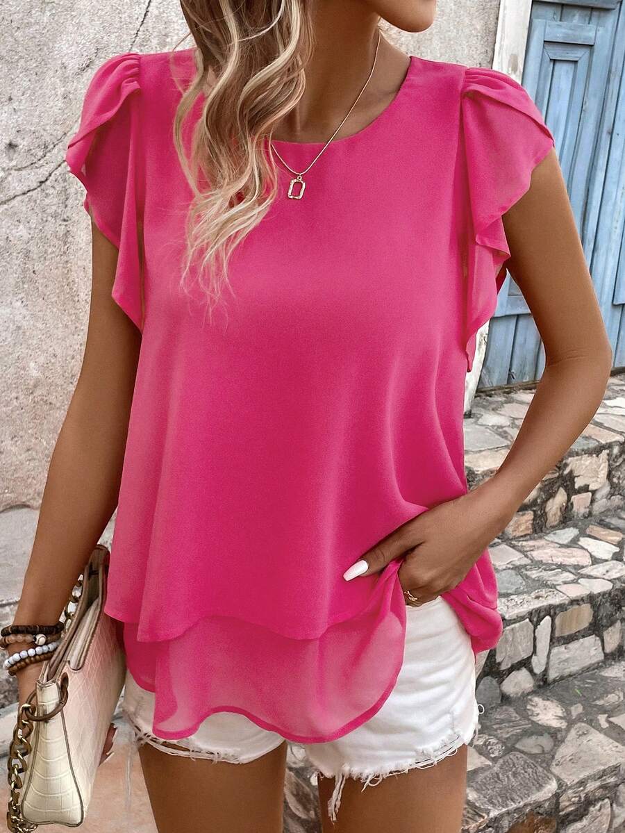 SHEIN LUNE Women's Solid Color Round Neck Pleated Ruffle Trim Decorated Blouse - Hot Pink - View 1