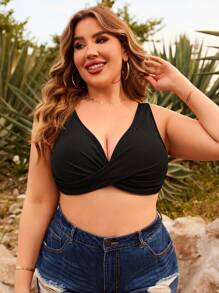 Swim Vcay 大尺碼純色十字細節泳衣上衣 - 黑色 - 查看 5