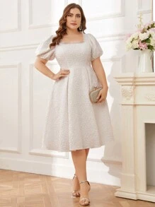 SHEIN Belle Rochie țesătă cu decolteu în U din jacquard, cu pliuri, volane și dantelă decorativă pentru rochie de petrecere pentru femei de dimensiuni mari Rochie de mireasă elegantă, albă, mărime mare - Bej - Vizualizare 2