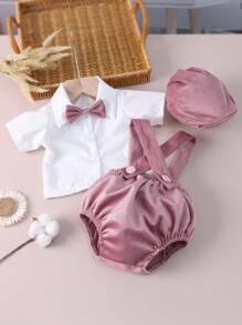 3入組新生兒攝影紳士套裝，適用於男嬰: 帶蝴蝶結襯衫、吊帶褲和帽子 - 彩色 - 查看 3