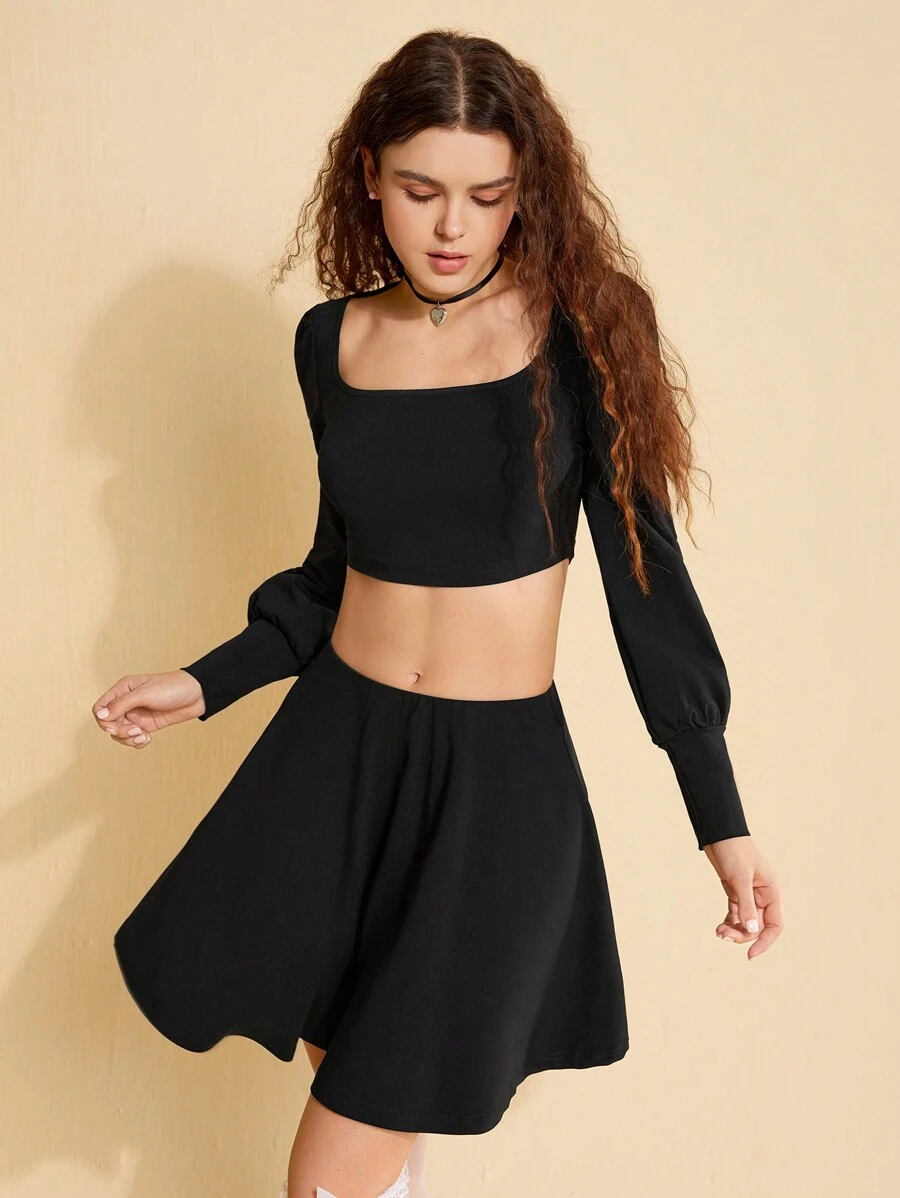 Forever 21 Women's Square Neck Long Sleeve Summer Crop Top And Skirt Set - Black - View 1