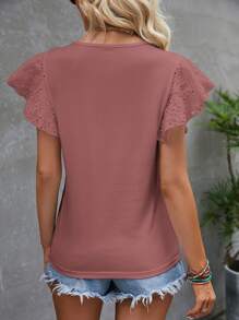 SHEIN Clasi Của phụ nữ Màu thuần Xu hướng: Cắt giảm Thêu Ngắn tay Áo thun - Bụi hồng - Xem 2