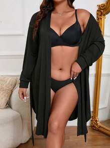Côtesoire Plus Size Women's Casual Simple Belted Robe Cozy And Elegant Details, For Outfit, Fall & Winter