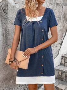 SHEIN VCAY Women's Color Blocking Front Buttoned Dress - Blue - View 5
