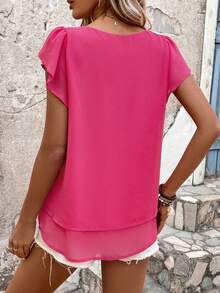 SHEIN LUNE Women's Solid Color Round Neck Pleated Ruffle Trim Decorated Blouse - Hot Pink - View 2