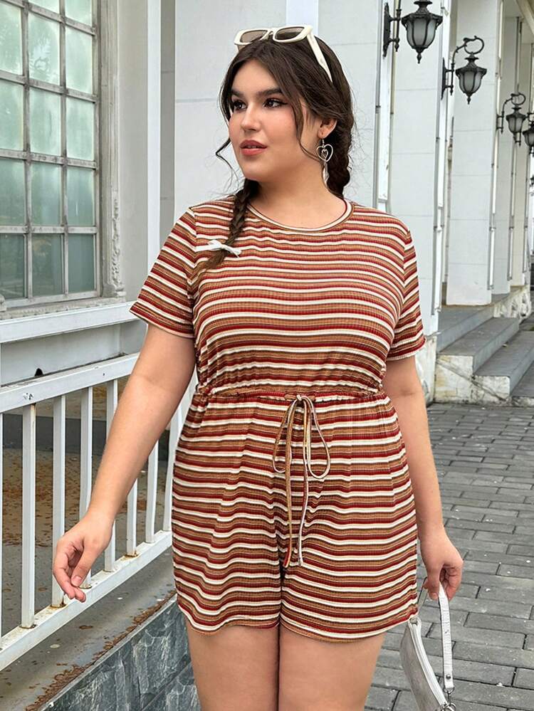 Women's Plus Size Striped Drawstring Waist Jumpsuit