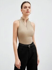 BizChic Camiseta Sin Mangas Para Mujer Con Media Tapeta Delantera Con Cierre De Cremallera - Camel - Ver 4