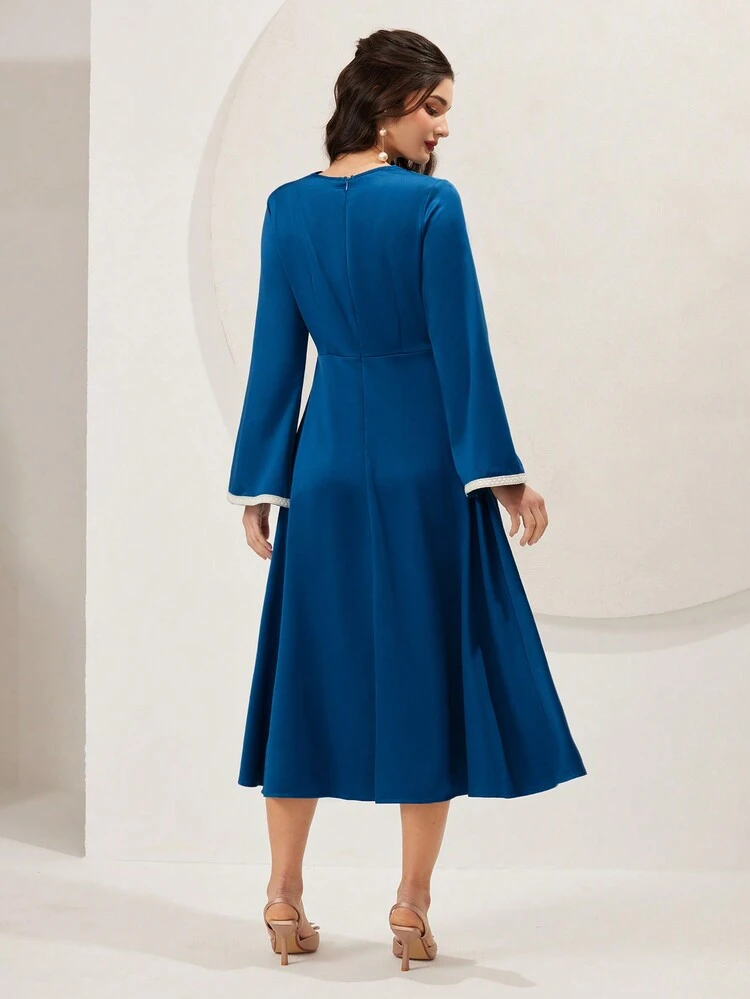 Women's Draped Collar Color Block Trim Bell Sleeve A-Line Dress Long Evening Dresses Fall Cloth For Women