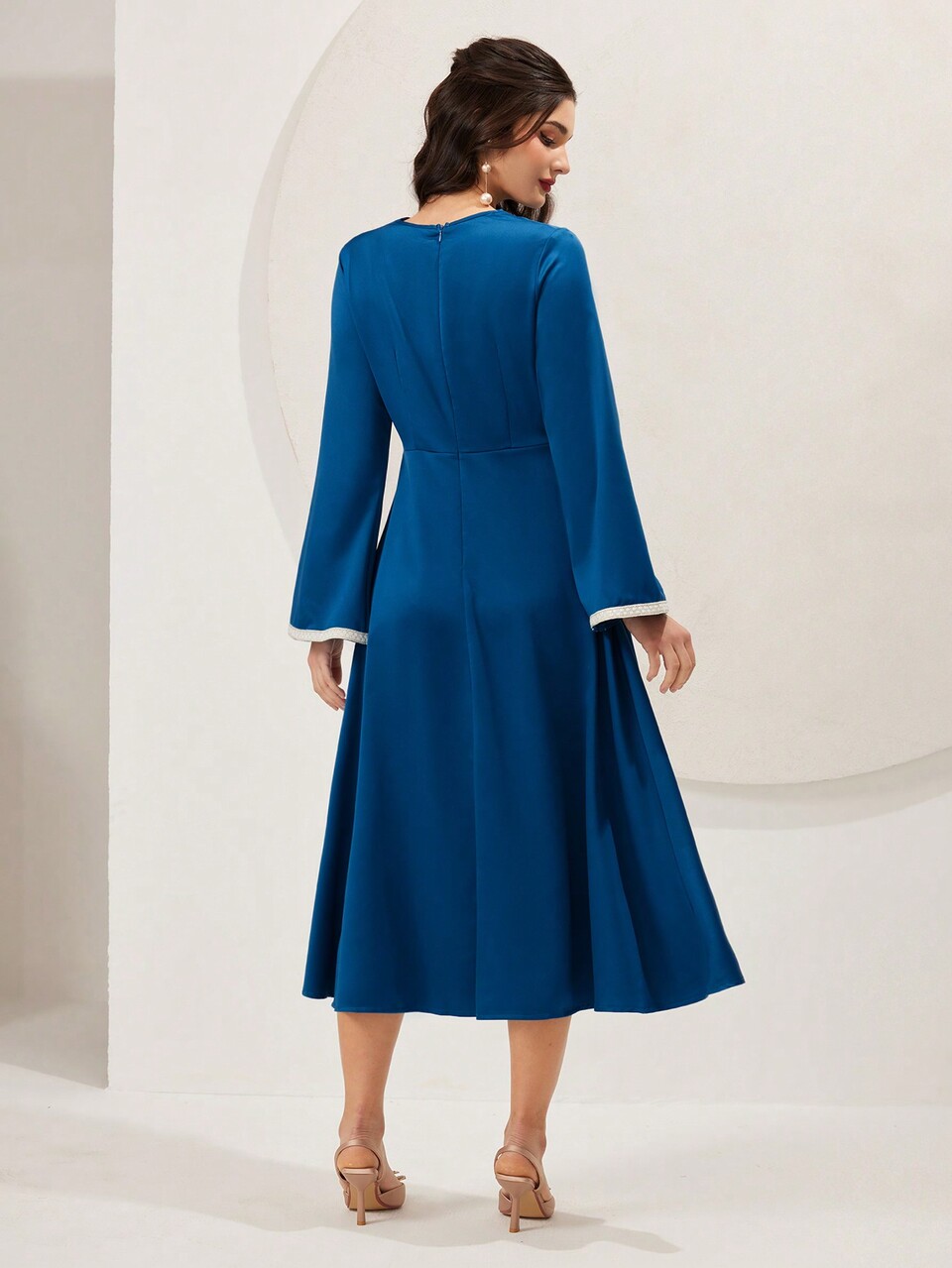 Women's Draped Collar Color Block Trim Bell Sleeve A-Line Dress Long Evening Dresses Fall Cloth For Women