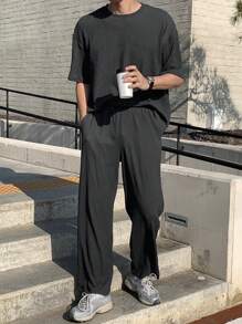 DAZY Nam Màu thuần Vòng cổ Áo thun Và Quần Mùa xuân/Mùa hè Bộ - Màu xám đen - Xem 1