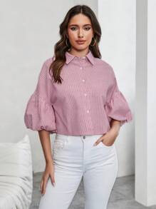 SHEIN Privé Ladies' Vertical Stripe Lantern Sleeve Blouse For Valentine'S Day, Dating , Parties And Summer Holiday - Red - View 4