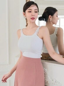 DAZY Top de tirantes tipo camisola ajustado al Body con encaje y unicolor para verano - Blanco - Ver 5