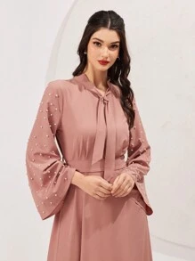 Modelyn 女士純色帶扣頸帶珍珠裝飾連衣裙 - 藕粉色 - 查看 8