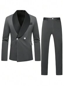 Manfinity AFTRDRK Men's Green Shawl Collar Double-Breasted Suit Set - Dark Grey - View 5