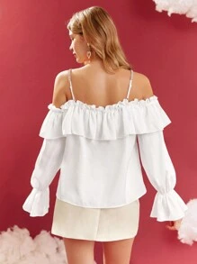 Enchnt Women Blouses Appliques Frill Ruffle Plain Lucu - Putih - View 2