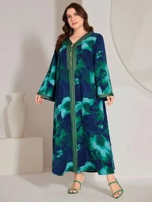 大码 V 领刺绣贴花长袖朴素连衣裙 - 彩色 - 查看 3