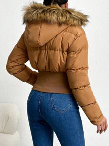 EURMUSE Fuzzy Trim Hooded Puffer Coat - Brown - View 2