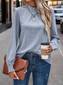 EMERY ROSE Women's Embroidered Stand Collar T-Shirt Fall Cloth For Women - Baby Blue - View 4