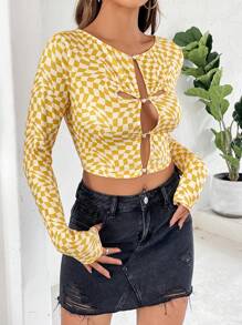 SHEIN Unity Women's Plaid Pattern Long Sleeve Cropped T-Shirt Fall Cloth For Women - Yellow - View 5