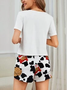 女性卡通奶牛圖案短袖睡衣套裝,奶絲面料 - 彩色 - 查看 2