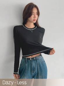 DAZY 女士拼色長袖t恤 - 黑色 - 查看 1