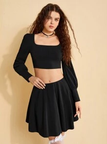 Forever 21 Women's Square Neck Long Sleeve Summer Crop Top And Skirt Set - Black - View 5