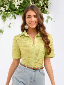 GENKIRA Women's Short Sleeve Shirt With Pocket On The Front - Green - View 8