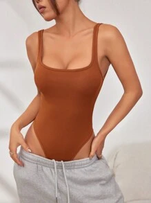 1pc Square Neck Ribbed Knit Bodysuit - Brown - View 1