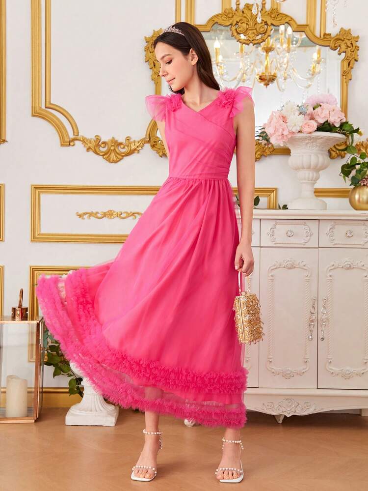 Teen Girl Net Yarn Little Cap Sleeve Dress