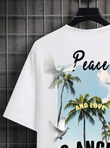 Manfinity Homme 男款大尺碼t卹,印有椰樹、鴿子和字母 - 白色 - 查看 4