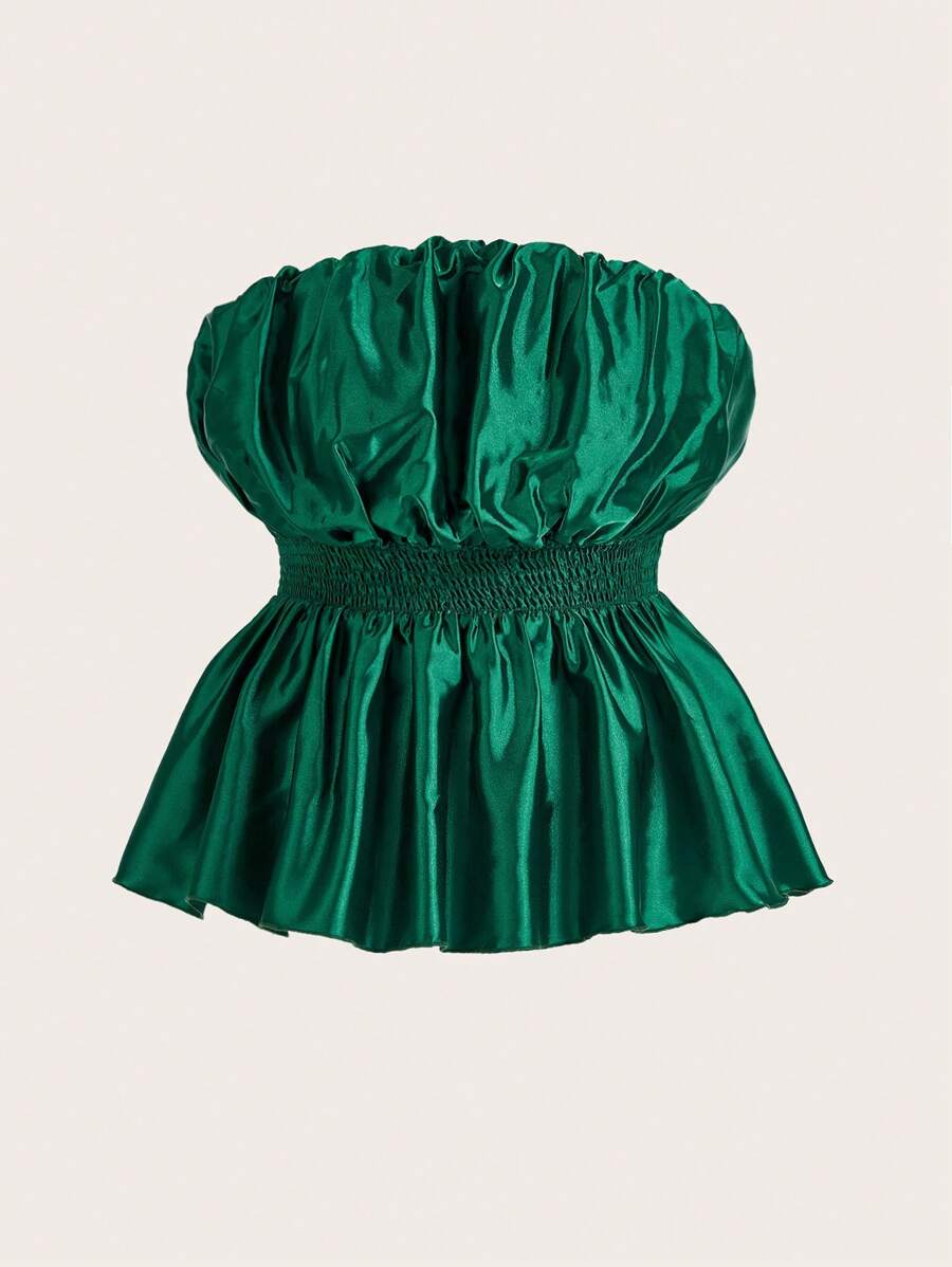 Flirla Women's Plus Size Solid Color Strapless Top With Pleated Details And Cinching Waist - Green - View 1