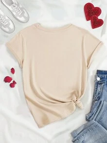 INAWLY In hoa Báo Lá thư In Ngắn tay Áo thun - Màu Khaki - Xem 2