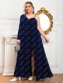 One Shoulder Long Sleeve High Slit Mother Of The Bride Dress - Navy Blue - View 6