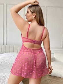 Plus Size Heart Mesh Sexy Lingerie Dress With G-String - Hot Pink - View 2