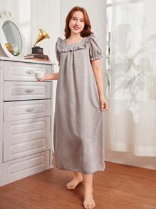 1pc Teen Girls' Casual Short Sleeve Long Sleep Dress With Ruffle Hem Design - Dusty Pink - View 1