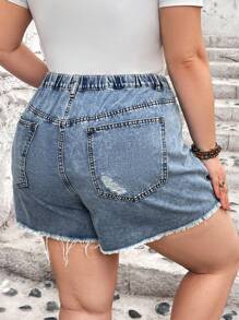 SHEIN CURVE+ Pantaloni scurți din denim zdrobiți de mărime mare de damă - Albastru - Vizualizare 2