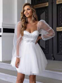 Joyfunear Women's Mesh Patchwork Sweetheart Collar Dress - White - View 6