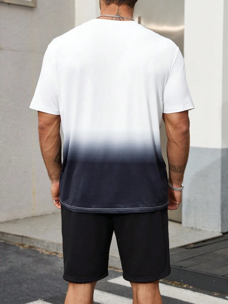 Men's Plus Size Crown And Letter Printed Ombre T-Shirt With Solid Color Shorts 2pcs Set