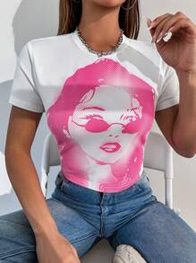 SHEIN Unity Camiseta De Mujer Con Retrato Impreso - Blanco - Ver 5