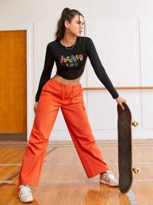 Gameset SHEIN Sport Letter Printed Cropped Athletic T-Shirt - Black - View 4