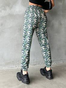 EURMUSE Camouflage Pattern Elastic Waistband Cargo Pants - Dark Green - View 2